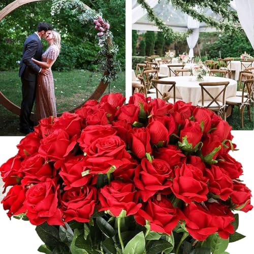 12PCS Artificial Rose Flowers Bouquet Long Stem Fake Rose Flowers Silk Realistic Blossom Rose Plants for Home Garden Wedding Office Decoration (Red) image 1
