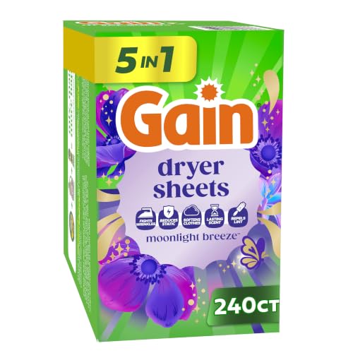 Gain, Laundry Dryer Sheets, Fabric Softener Anti Static Sheets, Moonlight Breeze Scent, 240 Count...