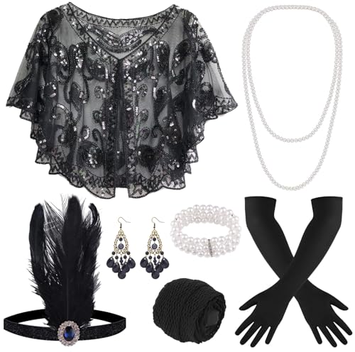 ELFIN 9 Teiliges 20er Accessoires, 1920er Flapper Great Gatsby Accessoires-Set Fashion Roaring 20\'s Theme Set mit Stirnband, Kopfbedeckung, langen schwarzen Handschuhen, Halskette, Schwarz ELFIN 9 Teiliges 20er Accessoires, 1920er Flapper Great Gatsby Accessoires-Set Fashion Roaring 20\'s Theme Set mit Stirnband, Kopfbedeckung, langen schwarzen Handschuhen, Halskette, Schwarz
