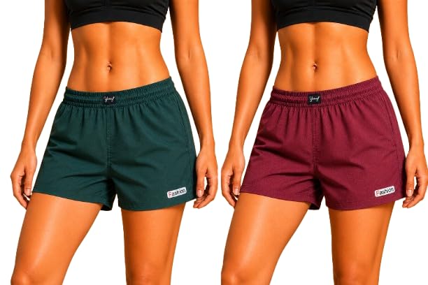 Women's Running Shorts Pack of 2 | Elastic Waist Sports Shorts | Lightweight Quick Dry Activewear Shorts for Gym, Yoga, Running, Workout-picture-15