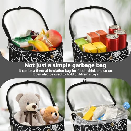 Image of Halloween Gray Spider Web Car Trash Can with Lid Waterproof Leak Proof Car Trash Bag Car Garbage Can for Headrest SUV Truck