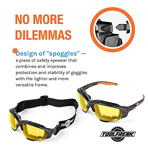 Image of ToolFreak Spoggles Safety Glasses for Work and Sport HD Yellow Lens, Anti Glare, Impact Protection, Filter Out Blue Light, Foam Padded, ANSI Z87 Rated, Head Strap and Carry Pouch