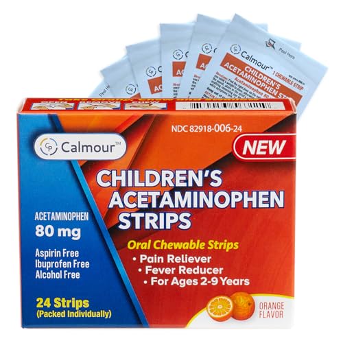 CALMOUR Childrens Acetaminophen 24 Strips | Pain Reliever & Fever Reducer | Fast-Acting Support for Cold & Flu Symptoms | Oral Chewable Strips for Kids Ages 2-9 | Travel Size Orange Flavor