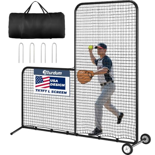 Sturdum Baseball L Screen with Wheels for Batting Cage 7x7ft Pitcher Protector Net for Pitchers Protection Includes Portable Carry Bag 4 Ground Stakes