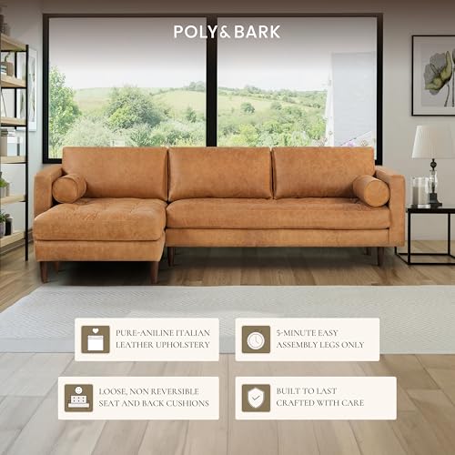 Image of POLY & BARK Napa 104.5 inch Left-Facing Sectional Sofa - Cognac Tan Full-Grain Pure-Aniline Italian Leather, Feather-Down Cushions, Kiln-Dried Solid Wood Frame, Walnut Legs