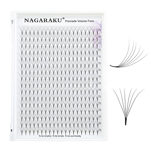 NAGARAKU Eyelash Extensions 320 Clusters Premade Fans Russian Volume Long Stem Premade Fans Thin Pointy Base Natural Pre Fanned Fluffy False Eyelash Black 16 Rows (6D 0.07 C Curl 15mm)