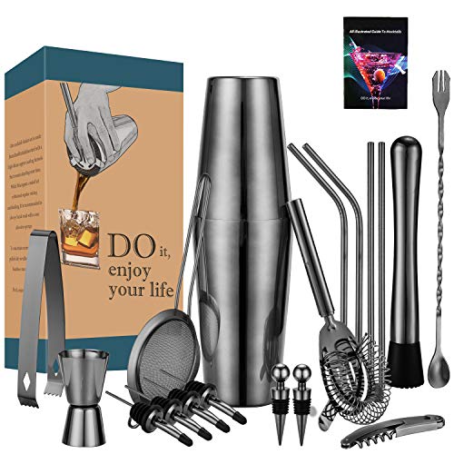 HB life 21 Pezzi Cocktail Shaker Set in Acciaio Inossidabile Completo Professionale con Borsa di Stoffa 750ml＆550 Shaker (Nero)