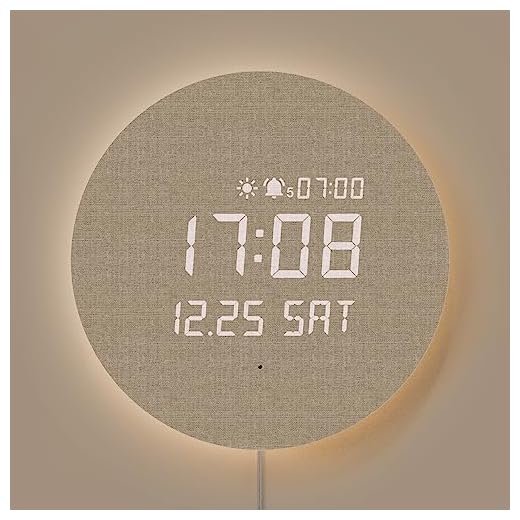 mooas Full Moon LED Silent Wooden Digital Wall Clock with Remote Control, Backlight Nightlight Digital Wood Wall Clock, Sunrise Alarm Melody, 5 Level Brightness Modern Decorative Office Livingroom