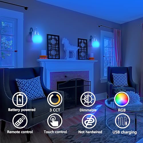 Image of Battery Operated Wall Sconces Set of 2, Battery Operated Wall Lights With Remote, RGB Color Changing USB Rechargeable Up to 50 hours use time,Not Hardwired Battery Sconces For Bedroom Living Room
