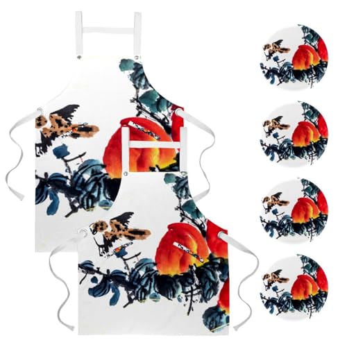 Lot de 2 tabliers de cuisine avec 4 broches motif floral blanc