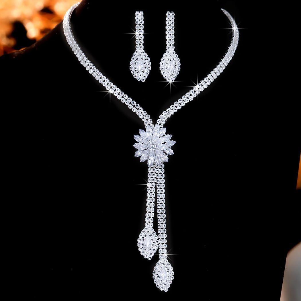 Gangel Silver Rhinestone Necklace Set Crystal Earring Bridal Wedding Jewelry Sets Prom Necklace for Women - Image 5