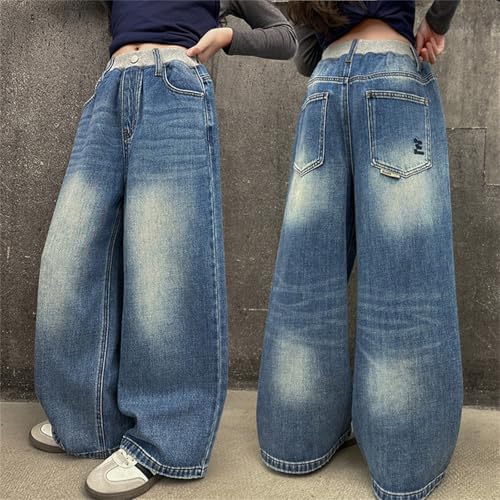 Girls Wide Leg Jeans Teen Baggy Elastic Waist Vintage Dance Skateboard Boyfriends Denim Pants Y2K Streetwear3