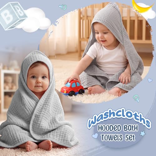 Image of Breling 12 Pcs Muslin Hooded Baby Bath Towel, Hand Towels and Washcloth Set, 36 inchx 36 inch Cotton Newborn Bath Towel Cotton Absorbent Blanket Unisex Newborn Gift Essentials for Girl Boy (Light Grey)