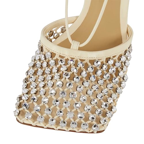 XYD Women Square Toe Rhinestones Studded Pumps Fishnet Openwork Ankle Wrap Strappy Sandals D'Orsay Prom Dance Sexy Shoes2
