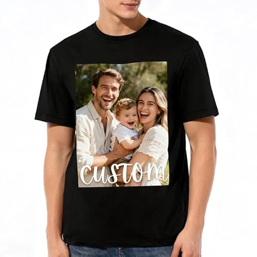 Personalised Photo Text T-Shirt, Custom Colour Printing Unique Gift for Him/Her Perfect for Birthdays, Teams, Holidays, Matching Outfits (Black Tshirts)