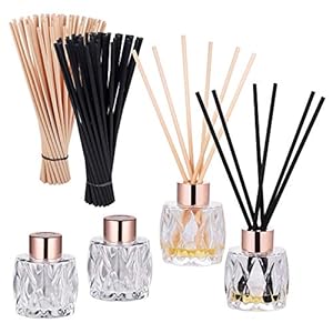 4Stück Glasdiffusorflaschen Set, Glasflaschen für Raumduft Diffusor mit 100Stück Rattanstäbchen, Diamond Design Leere Diffusorflasche mit Duftstäbchen, Behälter für Ätherische Öle