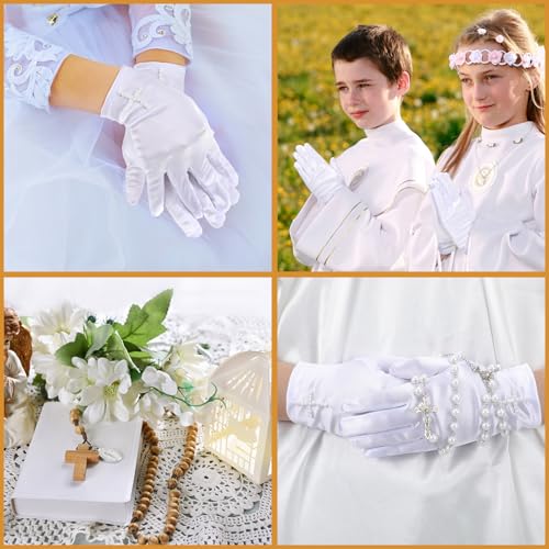First Communion Accessories for Girl and Boy Cross Gloves with Beaded White Satin Gloves with Rhinestone Religion Gift for First Holy Communion Birthday Party4