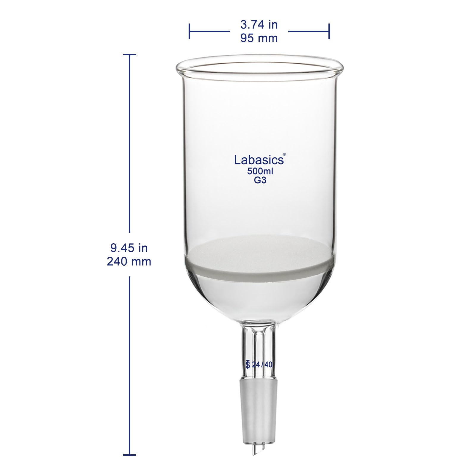 Labasics Embudo de Filtración Büchner de Vidrio Borosilicato con Frita Fina G3, Junta Cónica Interior 24/40, Embudo de Grado de Laboratorio para Procesos de Filtración y Separación, 500 ml