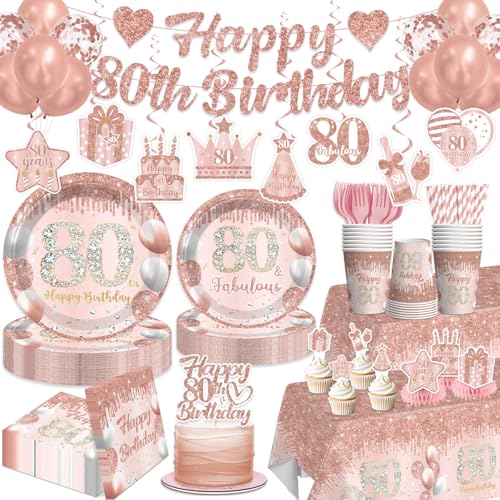 Yingoto 205pcs 80th Birthday Decorations for Women-25 Guests Disposable Tableware Set with Banner Balloons Cake Cupcake Toppers Plates Cups Napkins Tablecloth Easy Assembly 80th Birthday