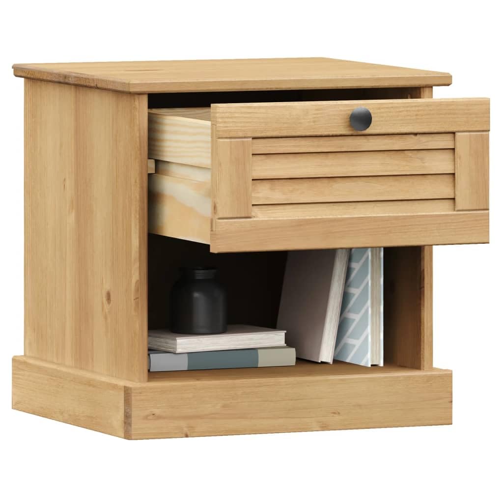 Mesa de noche VIGO 42 x 35 x 42 cm, madera de pino maciza, con cajón y estante de almacenamiento, mesa auxiliar de madera maciza duradera con mango de metal, diseño rústico