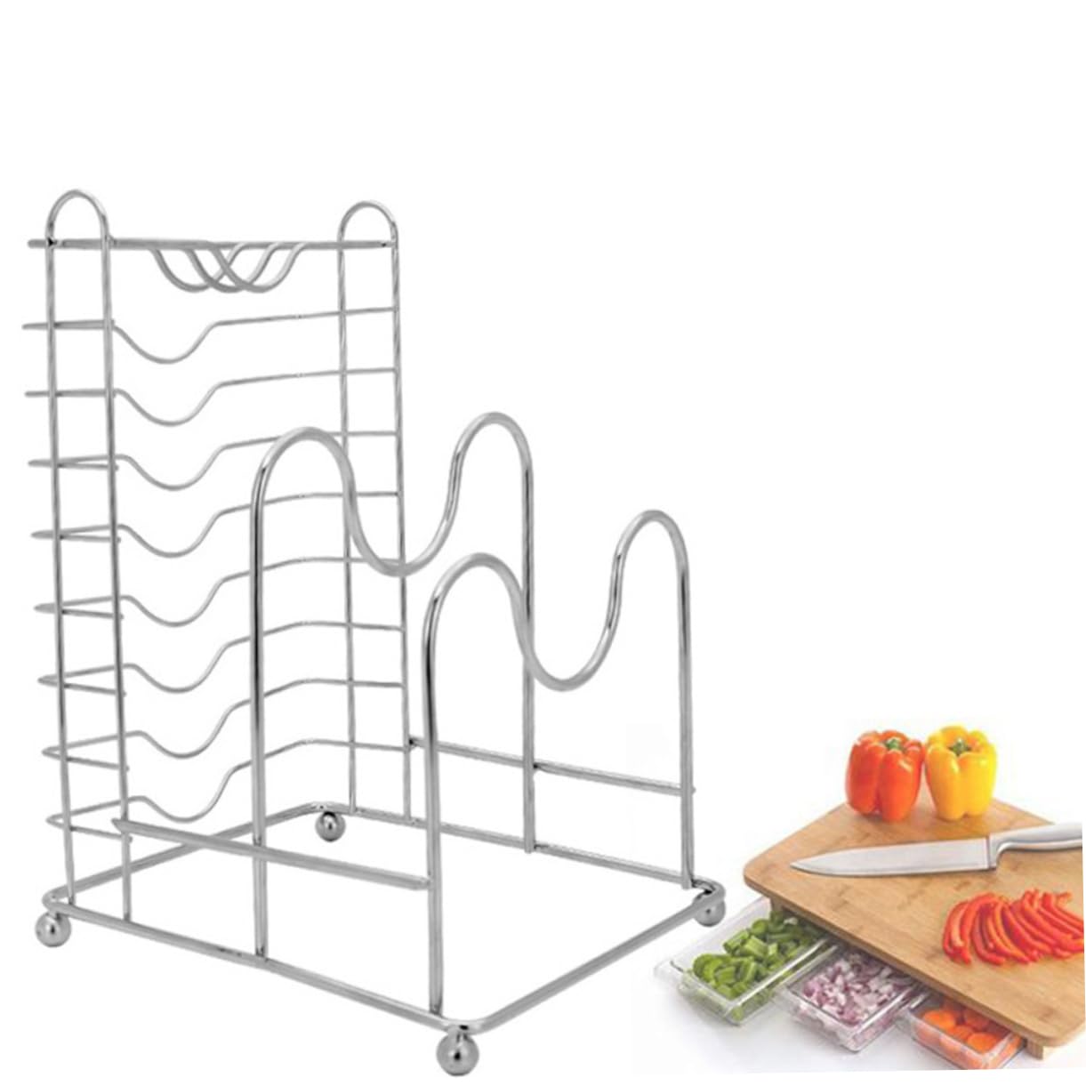 OUNONA Stainless Steel Bakeware Rack Multi Purpose Cutting Board Knife Organizer Space Saving Holder for Pots Lids Trays Kitchen Storage