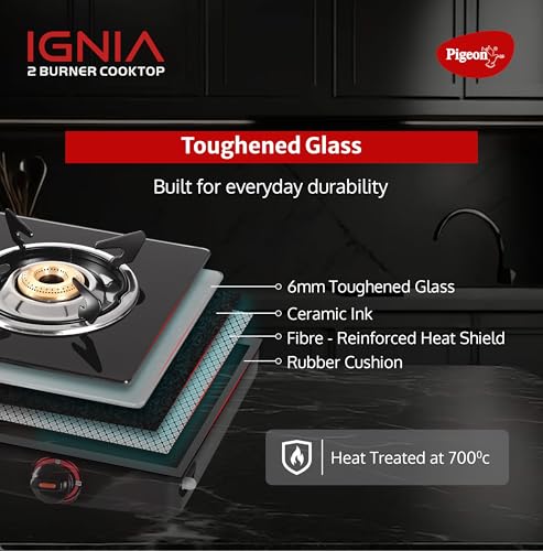 Image of Pigeon Ignia 2 Burner Gas Stove | Brass Burner | Easy Cleaning | Toughened Glass | 2 year Warranty