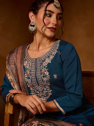 Image of Naixa Women's Silk Embroidery Straight Kurta with Pant | Cream Chanderi Cotton Printed Dupatta Set | 3 /4 Sleeve | Round Neck | Festive | Ethnic Wear (Available in Plus Size)