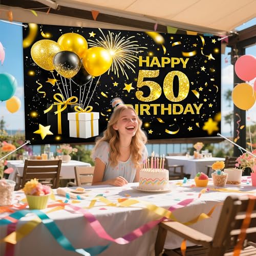 Fondo feliz 50º cumpleaños 71x43 pulgadas negro y dorado miniatura 6