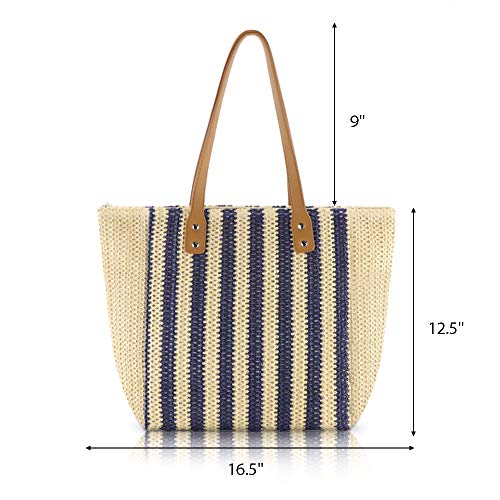 Women Summer Soft Straw Beach Stripe Bag Handwoven Big Tote Bag with Leather Shoulder Strap Handbag Shoulder Bag (Beige&Blue)2