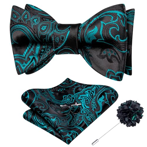 Image of Dubulle Self Tie Bow Ties and Lapel Pin for Men Paisley Solid Mens Bowtie and Handkerchief Cufflinks Set Wedding