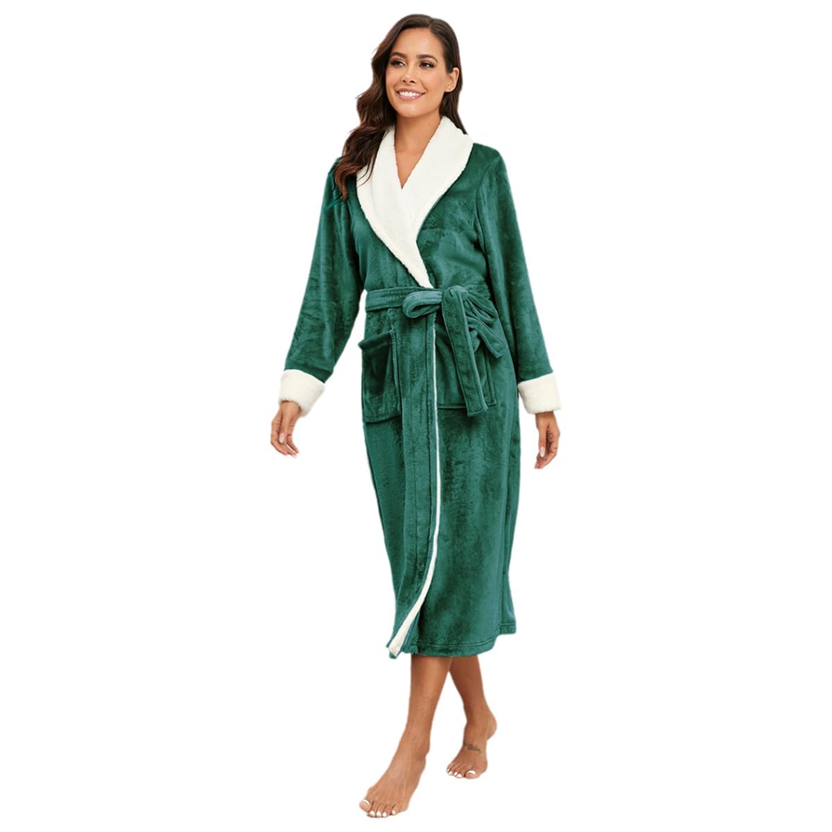 RONGTAI Plüsch-Fleece-Bademantel für Damen, langer Bademantel mit zwei Seitentaschen und Gürtel, warm und gemütlich, flauschiges Nachtwäsche, Nachthemd
