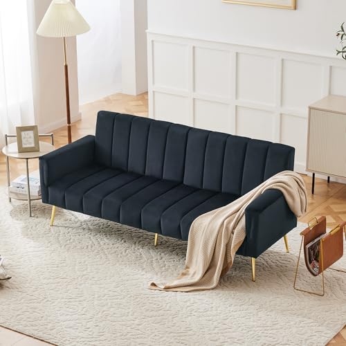 Image of BTM Modern Click Clack Sofa Bed with Multi‑Position Backrest & Armrests, Metal Legs Convertible Sleeper Sofa Velvet Black