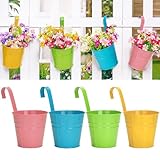 KINGLAKE 4 Stück 10cm Blumentöpfe zum Aufhängen Hängend,Bunt Blumentopf Metall,Große Hängetopf mit Abnehmbarem Haken und Loch, für Balkon, Zäune, Fenster, Geländer