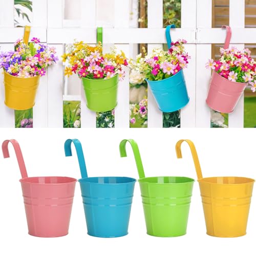 KINGLAKE 4 pièces Pots de Fleurs en métal à Suspendre 10cm, Petit Pot Fleur Suspendre Metal pour intérieur extérieur Balcon clôture - avec Crochet...