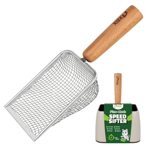 XBX Cat Litter Scoop with Holder Metal Mesh Litter Scooper Wooden Handle Fine Litter Scoop with Small Holes for Litter Box Efficient Sifting and Easy Cleaning
