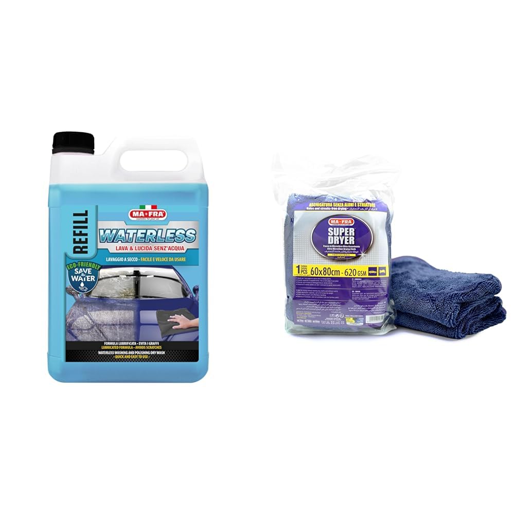 Ma-Fra - "Waterless Lava e Lucida Senza Acqua per Un Lavaggio a Secco Completo della Carrozzeria e Vetri Auto + Super Dryer Panno in Microfibra Superfine, ad Alto Grado di Assorbimento e Resistenza