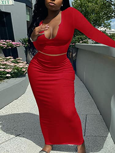 Image of Women Sexy Two Piece Skirt Outfits Long Sleeve /Sleeveless V Neck Bodycon Ribbed Knitted Maxi Club Party Dress