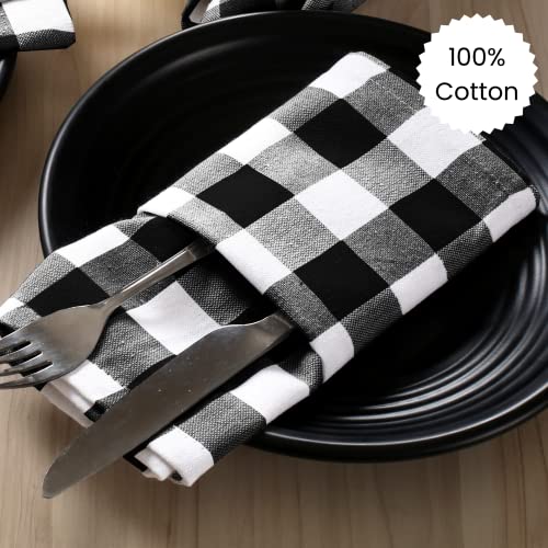 Dine N Decor Buffalo Plaid Cloth Napkins 100% Cotton - Ideal For Events Wedding Christmas Easter - Perfect Everyday Use Cloth Napkins 18X18 - Set Of 12 Gingham Check Napkins- Black White #TOP2