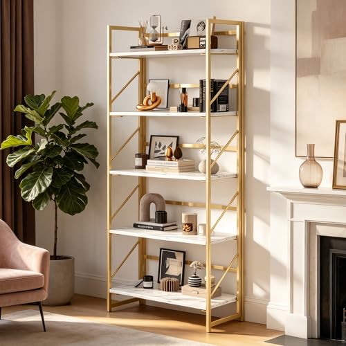 Image of JSB 5 Tier No Assembly Folding Bookshelf, Foldable Storage Bookcase for Home Office, Space-Saving Storage Shelf for Living Room, Bedroom, Office (White&Gold)