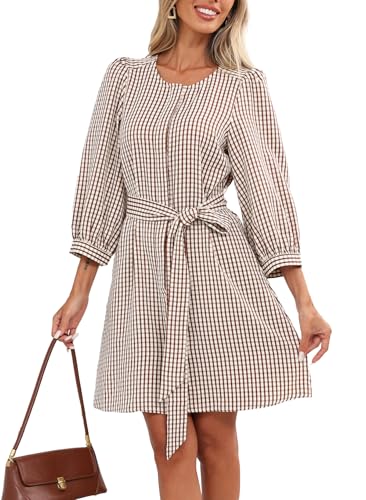 Ladyful Womens Gingham Dress Crewneck 3/4 Puff Sleeve Belted Shirt Dress Plaid Work Short Dresses with Hidden Button