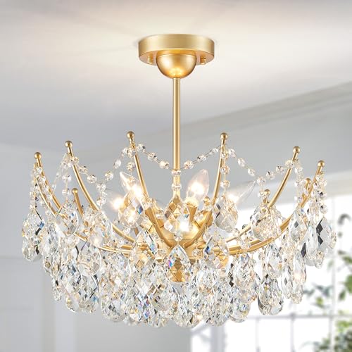 ANJIADENGSHI Crystal Chandelier Ceiling Light, Modern Semi Flush Mount Ceiling Light...