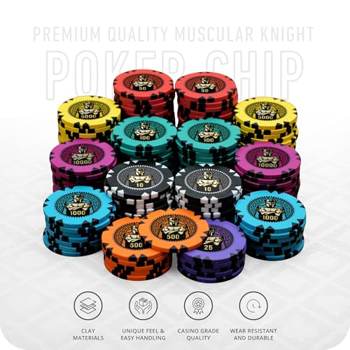 Image of Casinokart Poker Chipset with 2 Decks of Playing Cards & Dealer Button | Premium Casino-Style Poker Set with Carrying Case for, Blackjack & Game Nights (Muscular Knight, 300)