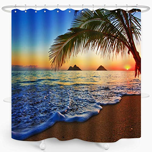 Zxmbf Ocean Coastal Hawaiian Sunrise Shower Curtain Beach Lanikai Palm Tree Colorful Offshore Hawaii Scenery Waterproof Fabric Bathroom Décor Set 72X72 Inch Blue Ivory Plastic Hooks 12 Pcs #TOP4