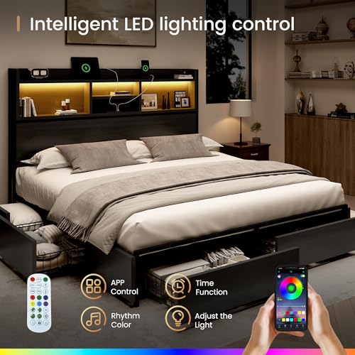 King-Storage-Bed-Frame-with-6-Drawers-USB-Charging-Station-No-Noise-No-Box-Spring-Required-Vintage-Black-Headboard-Platform-Bed