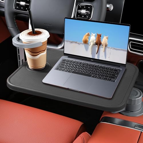 Arcoche Car Table Tray & Laptop Desk for Car, 360° Rotating Wood Cup Holder Table, Aluminum Cantilever Laptop Mount for Vehicle, Steering Wheel Tray (Black)