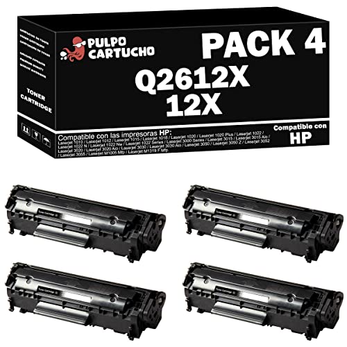 Pulpo Cartucho   Toner Q2612X Negro Compatible con HP Q2612X / Ref. 12X   Pack 4   Valido para Laserjet 1010, 1012, 1015, 1018, 1020, 1022, 3000, 3015, 3020, 3030, 3050, 3052, 3055, M1005, M1319