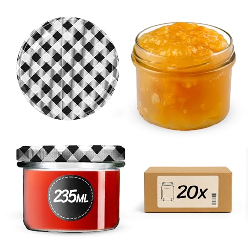 KADAX Lot de 20 bocaux à confiture de 235 ml avec couvercle à visser en noir à carreaux Ø 82 mm – Bocaux pour confiture, chutneys, légumes marinés, pâtés, saucisses, viande, aliments pour bébé et plus