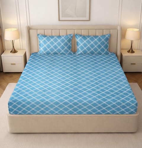 Image of RD TREND Cloud Cotton Double Bed Bedsheet-90x100 Inches with 2 Matching Pillow Covers (18x28Inch | Queen Size Bed Sheet 210 TC Soft & Breathable | (Lines-Blue)
