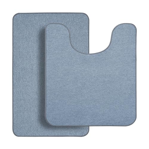 Bathroom Rugs Set 2 Pieces,Thin Bathroom Mats,Toilet Rugs,Quick Dry,Non-Slip,Machine Washable,Low Pile,Absorbent Bath Mats,Shower,Sink,Home Decor Accessories.Blue,1'5"x2'3"+1'8"x2" U Shape