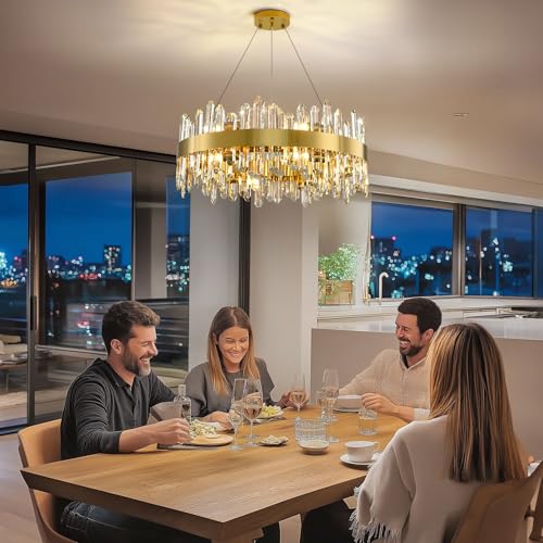 Modern Chandelier, 12-Lights 2 Tiers K9 Crystal Chandeliers for Dining Room, 24'' Gold Round Chandelier, Adjustable Chandeliers for Bedroom, Kitchen Island Pendant Lights Living Room